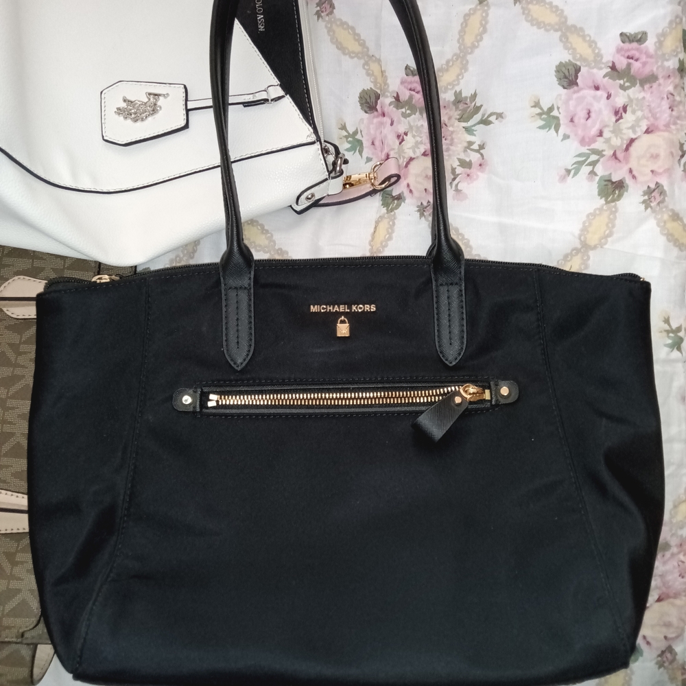 Black Textured Tote Bag with Leather Straps and Gold Hardware
